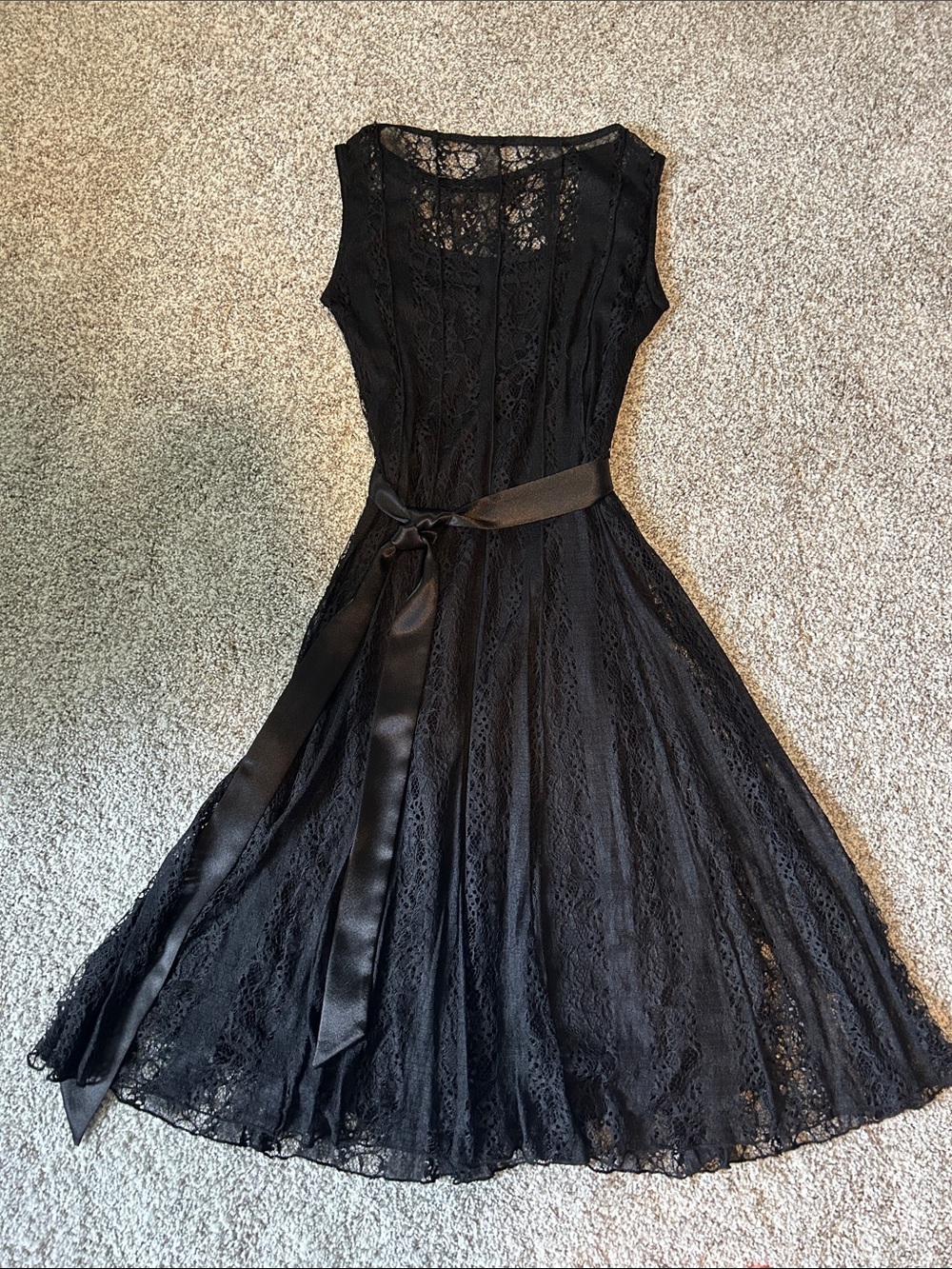 Elegant Black Lace Fit-and-Flare Dress with Satin Belt